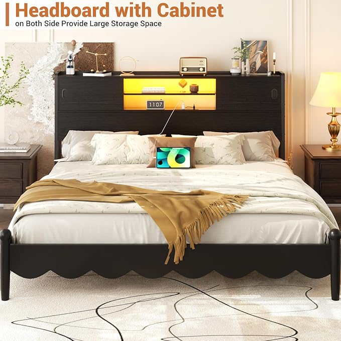 Homieasy Headboard for King Size Bed with Storage, Sturdy Bookcase Headboards with Outlet, USB & LED Light, King Size Headboard Only, Head Board with Sliding Doors & Bed Adapter for Bedroom, Black
