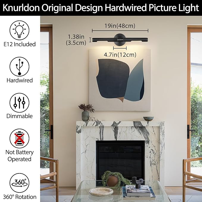 19" Black Brass Knurled Picture Light, Dimmable Rotatable 360 Wall Sconce, Bathroom Vanity Light