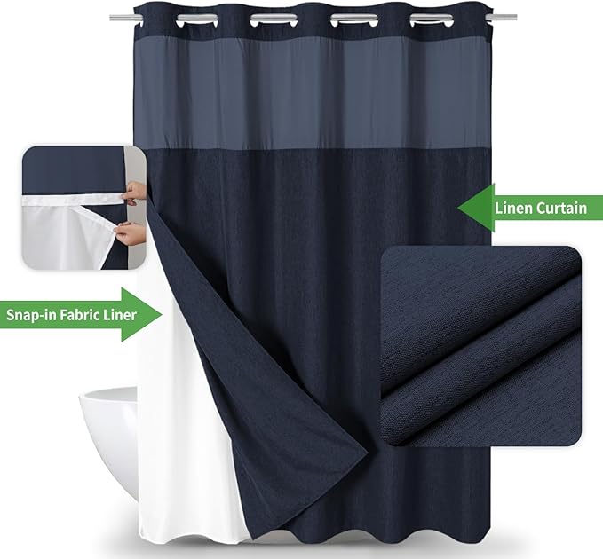 No Hooks Needed Linen Textured Shower Curtain with Snap-in Fabric Liner Set,Hotel Luxury Decor Waterproof Shower Curtains for Bathroom with Mesh Top Window,Washable,71Wx74H,Navy Blue