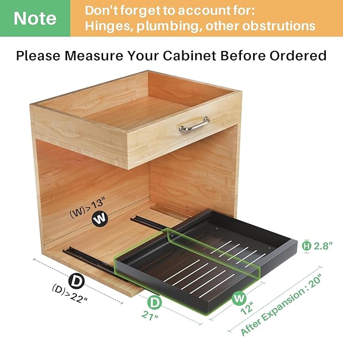 2 Pack Pull out Cabinet Organizer, Expandable(12"-20") Heavy Duty Slide out Drawer Fixed with Adhesive Nano Film for Pots, Roll out Shelf Storage for Kitchen Organization, Pantry, Bathroom(Black)