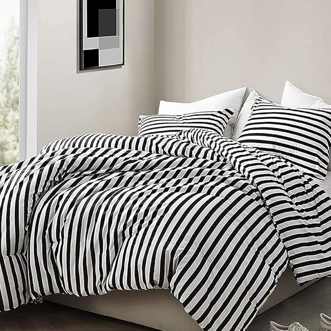 Luxlovery Black and White Comforter Set King Men Women Striped Bedding Set Farmhouse Ticking Stripes Bedding Blanket Geometric Lines Modern Comforter Set with 2 Pillowcases