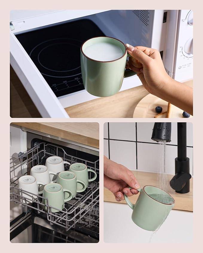 famiware Mercury Coffee Mugs 13 oz, Coffee Mugs Set of 6 with Handle, Cups for Latte, Hot Tea, Cappuccino, Mocha, Cocoa, Light Green