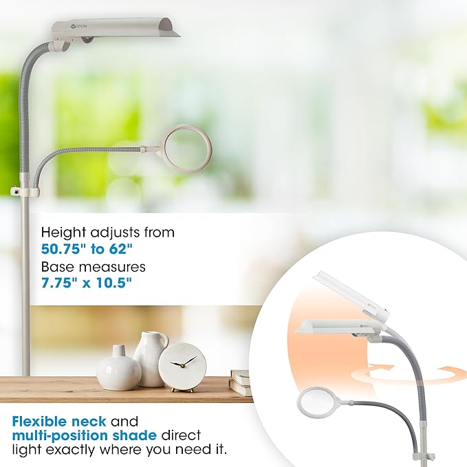 OttLite 18w EasyView Standing Floor Lamp with Optical Grade 3X Magnifier Attachment Arm & Flexible Neck - Wide Wing Shade with Modern Design for Crafting, Work, Office, Dorm Room, Sewing & Reading