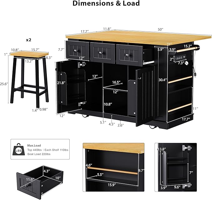 Large Kitchen Island Cart on 5 Wheels with 2 Bar Stools, Power Outlet, Drop Leaf, 3 Drawers, Kitchen Storage Cart with 5 Open Side Racks for Kitchen, Dining Room, Home Bar Black