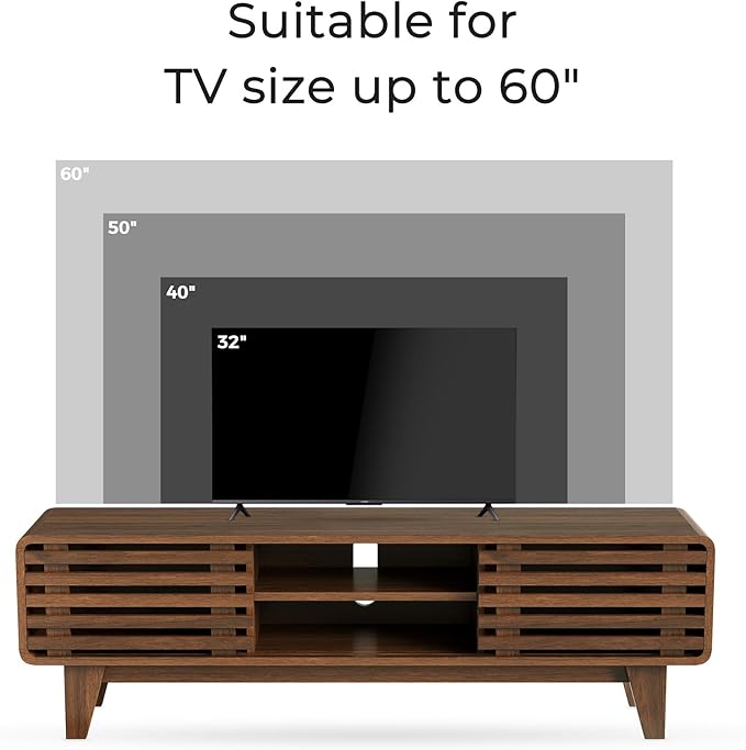 Luoxiao TV Stand for 60 Inch TV, Mid Century Modern Entertainment Center with Storage Boho Television Stand with Shelves and Grille Sliding Doors Wood Media Console for Living Room, Walnut