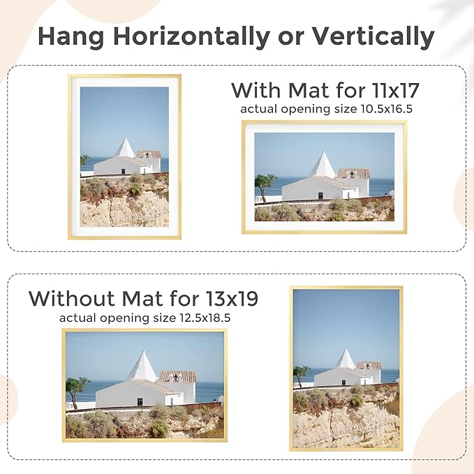 13x19 Metal Picture Frame for Wall With Mat for 11x17, 13''x19'' Aluminum Photo Frames With Tempered Glass for Home Decor, Minimalist Modern Poster Frame Horizontal And Vertical Formats, 3 PCs, Gold