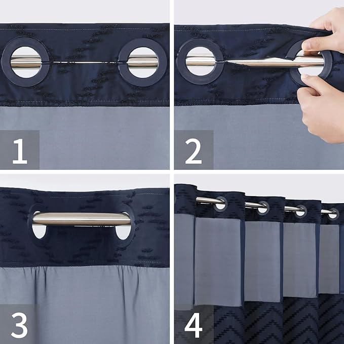 No Hook Tufted Chevron Striped Shower Curtain with Snap-in Fabric Liner set-71Wx74H(72H),Navy Blue Hotel Grade Boho Style Shower Curtain with See Through Top Window,Water Repellent