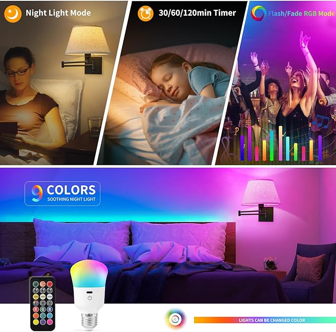 Battery Operated Wall Sconces Set of Two with Remote Control, Rechargeable Cordless Swing Arm Wall Lamp, Dimmable/3 Colors/9 RGB/Night Light/Timer, Black Wireless Wall Sconces, No Hardwired