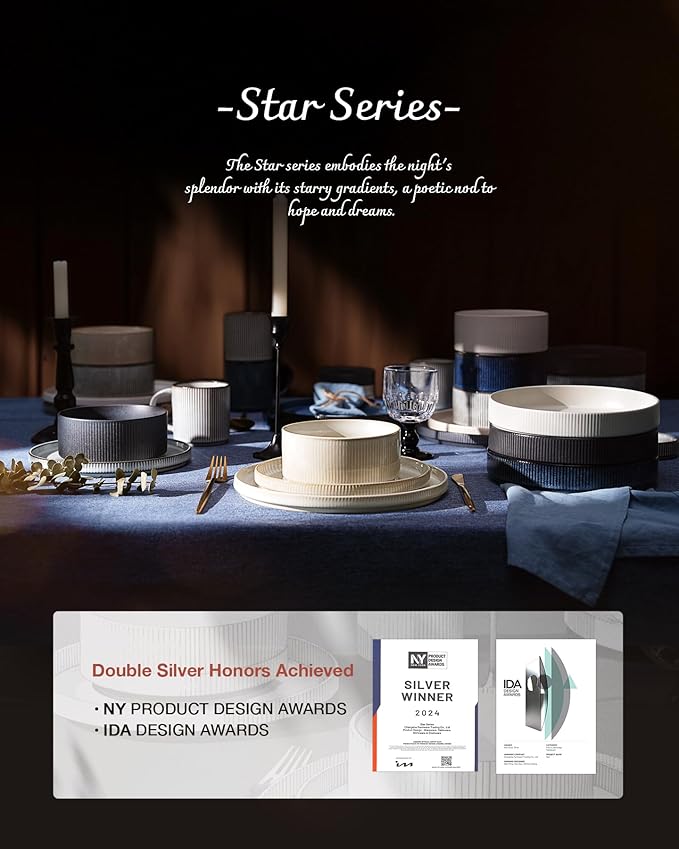 Famiware Star Dinnerware Sets, Plates and Bowls Set for 4, 12 Pieces Ribbed Dishes - Chip and Scratch Resistant, Microwave and Dishwasher Safe Tableware, Nebulas Blue