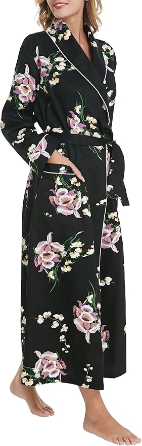 Lavenderi Women’s 100% Cotton Long Kimono Lounge Bathrobe Robe, Ladies Loungewear for Spa