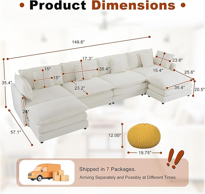 149.6" Sectional Couch, Upholstered Modular Sofa L Shaped Couch with Ottoman, Sectional Couches for Living Room and Office, Beige