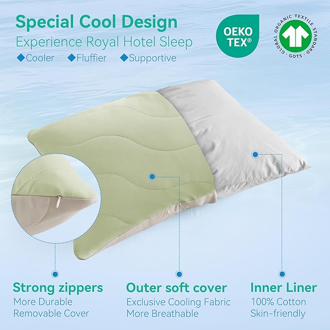 Three Geese Cooling Goose Feather Down Pillows Queen Size Set of 2, Q-Max>0.45, Cool Hotel Bed Pillows for Hot Sleepers and Side Stomach Back Sleepers, Washable Removable Cover, 20" x 30"