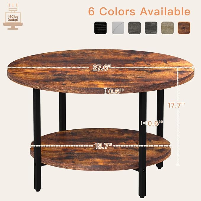 Coffee Table, 2 Tier Coffee Tables for Living Room, Round Coffee Table with Storage, Floor Table for Bedroom, Home Office, Rustic Brown (27.6" D x 17.7" H)