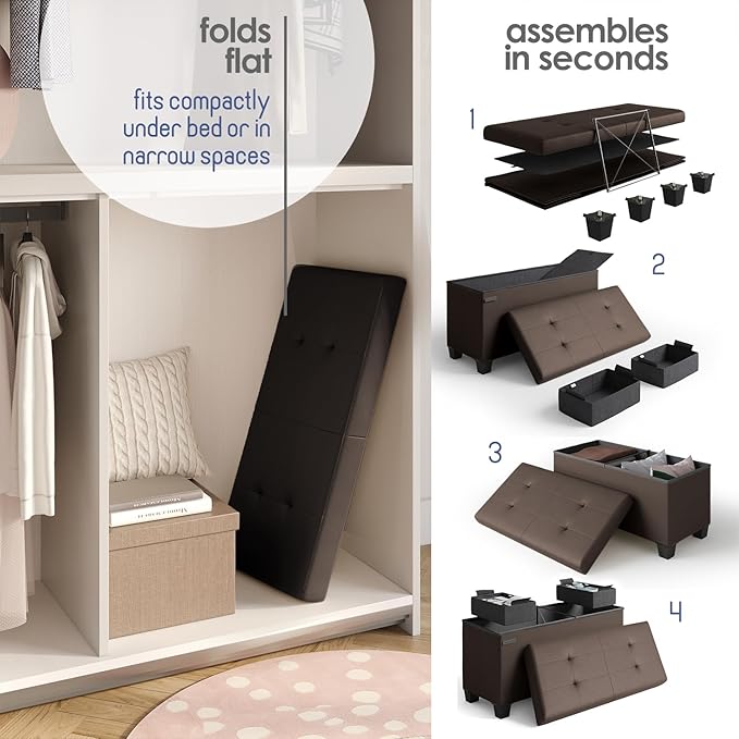 STORAGEBUD Storage Ottoman Bench with Bins, 30-in Storage Bench for Bedroom End of Bed, Folding Foot Rest Ottoman for Living Room Max 660lbs, Faux Leather Ottomans, Brown