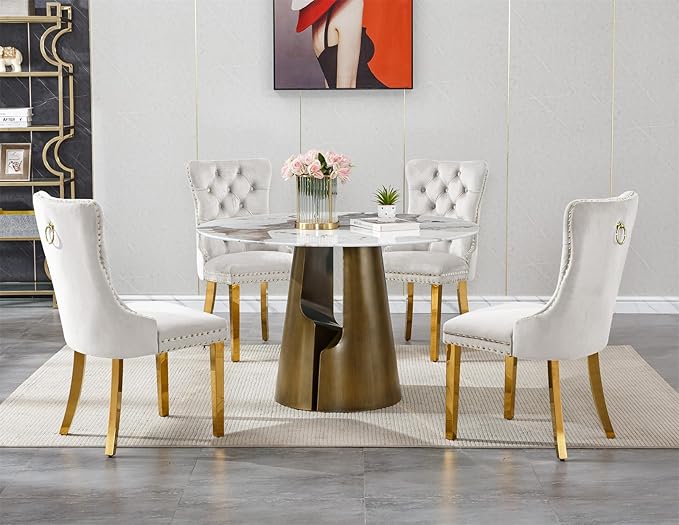 5-Piece Faux Marble Round Dining Table Set for 4, Modern Luxury Kitchen Table Set for 4 with Beige Tufted Chairs,Circle Dining Tables with Pandora Grain Top and Bronze Pedestal Base