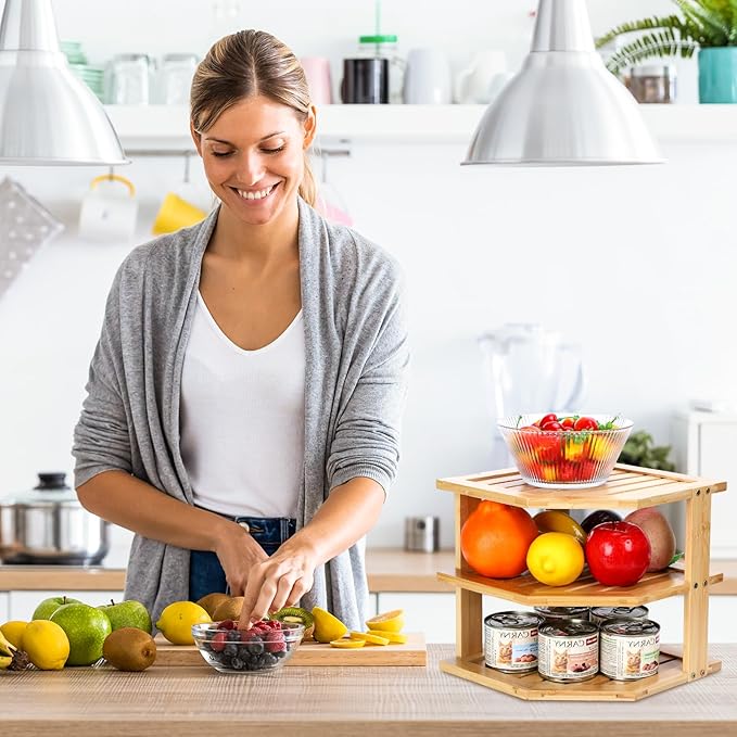 3-Tier Design Bamboo Corner Cabinet Organizer Countertop Kitchen Corner Rack, Plate Organizer for Cabinet Space Saver, Dishes, Bread Pantry, Bathroom Storage Racks or Countertop Racks