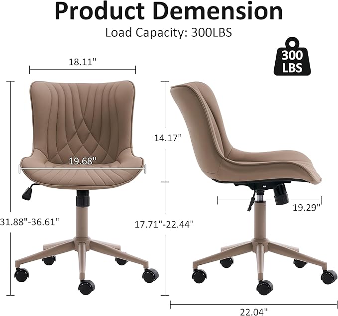 YOUTASTE All Khaki Office Chair, Modern Armless Desk Chair with Back, Adjustable Swivel Rolling Faux Leather Task Chair with Wheels Metal Base for Home Office, Study, or Vanity