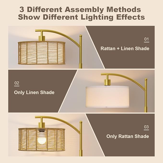 Oneach 62.5" Gold Arc Floor Lamp for Living Room, Rattan Boho Floor Lamp with Remote and Dimmable Bulb, 3 Color Temperatures, Farmhouse Rustic Modern Standing Lamp for Bedroom Office Corner