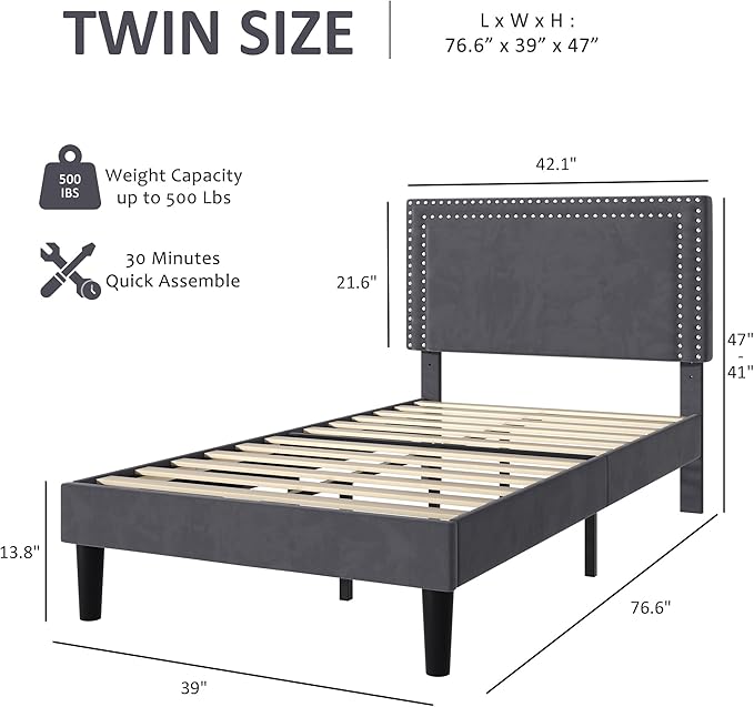VECELO Twin Size Platform Bed Frame with Adjustable Upholstered Headboard, Strong Wood Slat Support, No Box Spring Needed, Easy Assembly