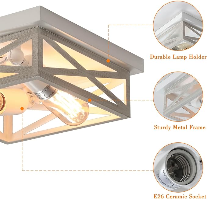 White Farmhouse Ceiling Light Fixtures, Industrial Kitchen Ceiling Fixture for Bedroom, 2-Light Rustic Metal Finish Farmhouse Flush Mount Ceiling Light,Square Cage Hallway Light