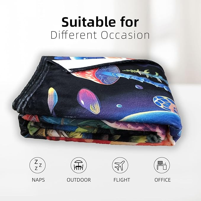 Mushroom Throw Blanket, Mushroom Gifts for Women Men, Soft Hippie Cottage Core Room Decor, Lighweight Flecce, 60x80 inches, 310 GSM, No Pilling, Single Sided Printed