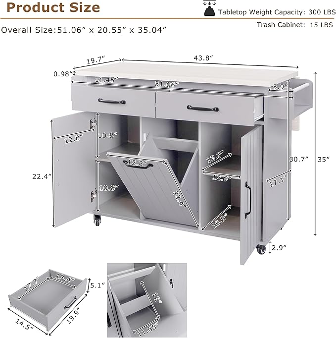 Kitchen Island with Storage & Drop Leaf, 51" Kitchen Rolling Island on Wheels with Spice Rack & Towel Rack, Kitchen Island Cart with Trash Can Storage, Grey