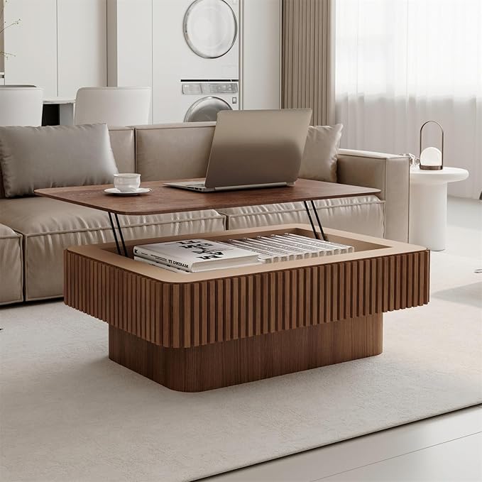 Lift Top Coffee Table for Living Room, Accent Fluted Coffee Table with Storage, Modern Solid Wood Veneered Rectangle Center Tea Table for Small Space Apartment (38.6''D×14''H-Walnut)