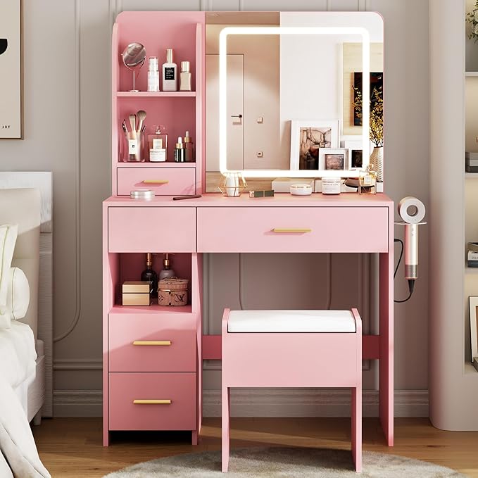 Vanity Desk with Mirror and Lights, 3 Lighting Colors and Power Outlet Makeup Vanity Desk with 5 Large Drawers and 3 Storage Shelves, Pink Vanity with Storage Stool for Bedroom