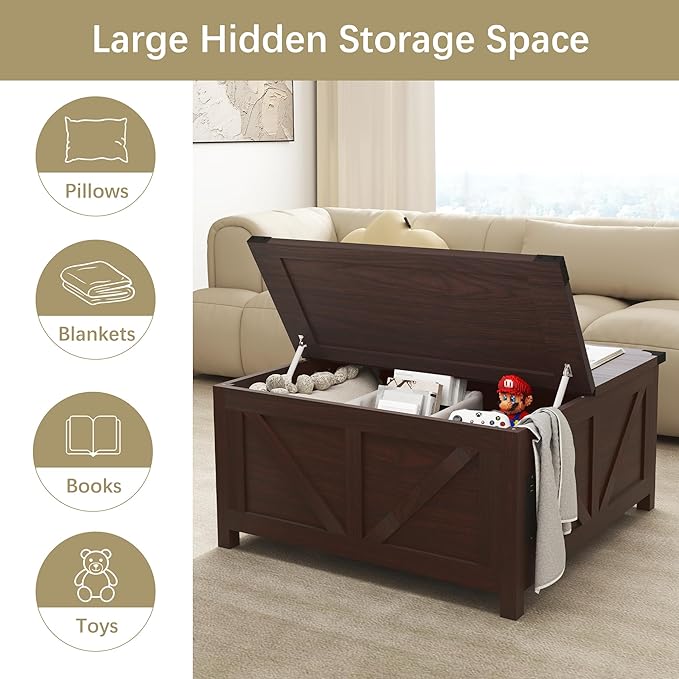 35'' Farmhouse Lift Top Coffee Table, Coffee Table with Storage and Large Hidden Storage, Square Coffee Tables with Charging Station&USB Ports, Lift Coffee Tables for Living Room, Brown