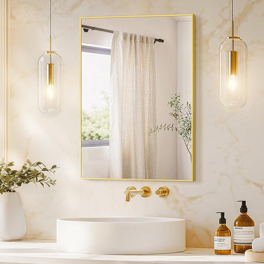 Bathroom Vanity Mirror for Wall, 20" x 30" Metal Framed Rectangular Bathroom Wall Mirror for Over Sink, HD Shatterproof Glass, Hangs Horizontally or Vertically(Gold)