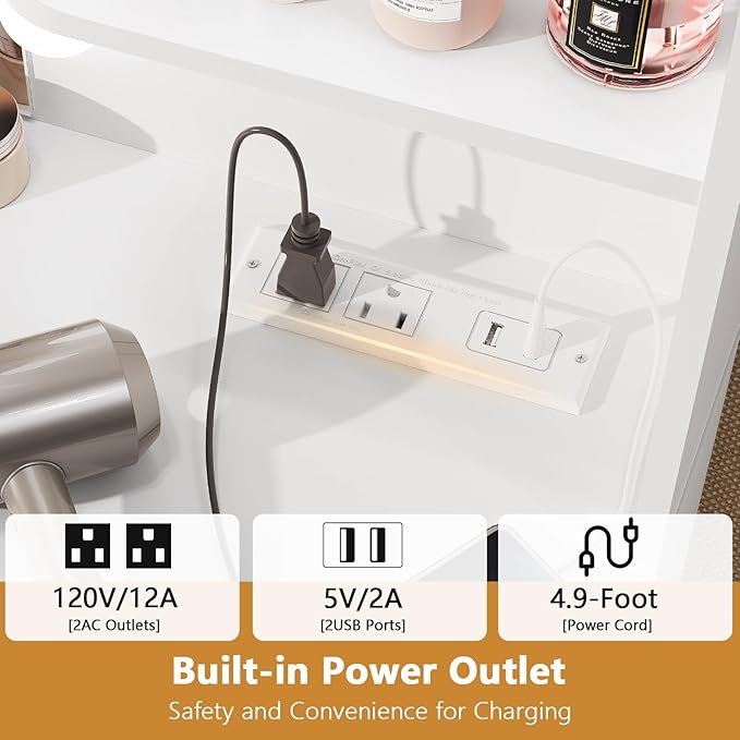 Quimoo Large Vanity Desk with LED Lighted Mirror & Power Outlet,Makeup Vanity Table with 7 Drawers,4 Shelves and 5 Hooks,Vanity Table, Vanity Desk Set for Bedroom,Bathroom,White