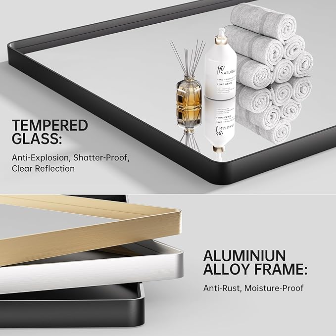 Hasipu 2 PCS Bathroom Mirror for Wall, 36 x 28 Inch Gold Metal Framed Bathroom Mirrors for Over Sink, Rectangle Bathroom Vanity Mirror, Anti-Rust, Tempered Glass, Horizontal or Vertical