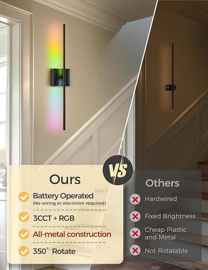 Battery Operated Wall Sconces set of 2, 10 Color 6000mAh Rechargeable Wall Sconce not Hardwired, 350°Rotate, Dimmable Wireless Wall Sconce, Sconce Wall Decor for Living Room, Hallway, Bedroom, Black