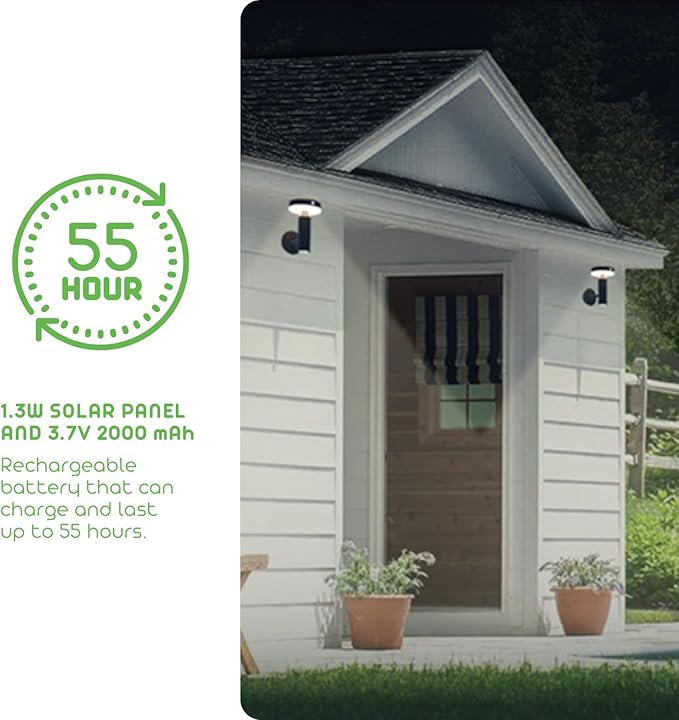 Round Solar Wall Lights - Solar Powered Wall Lamps - LED Lights - PIR Sensor & Two Lighting Modes - Rechargeable Battery - 3000K, 1.3W Solar Panel & 3.7V - IP44 Weather Resistant - 2 Pack