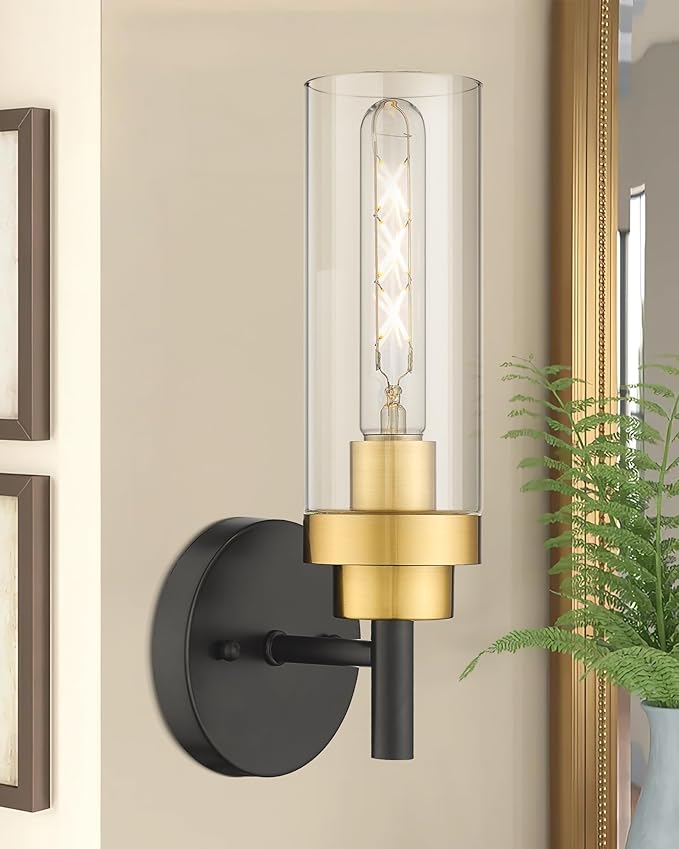 Emak Black and Gold Sconces Wall Decor Set of 2, Bathroom Vanity Light with Clear Glass Shade, Modern Wall Sconce for Bathroom, Bedroom, Living Room, Hallway, WS085-BKBGD-2PK