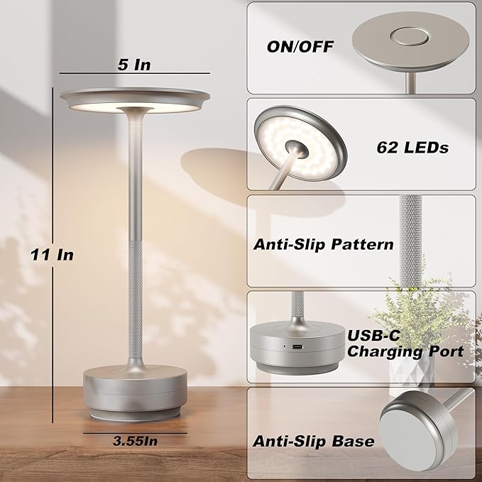 Rechargeable Cordless Table Lamps, Portable 5000mAh Battery Table Light, 3 Color Stepless Dimming LED Table Light with Memory Function, for Outdoor/Dinner/Patio/Restaurant.(Silver)
