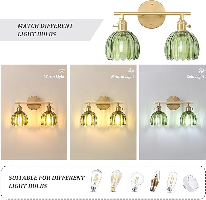 Bathroom Light Fixtures, 2-Light Brass Vanity Wall Light Over Mirror with Green Tulip Glass Shade for Bedroom Living Room