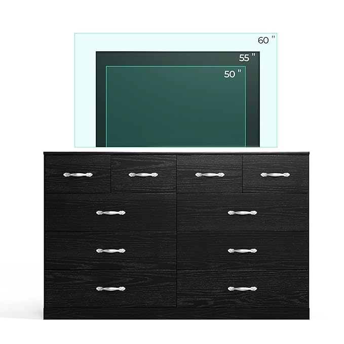 LINSY HOME 10 Drawer Dresser for Bedroom, 54" Wide Chest of Drawers, Modern TV Stand Dressers with Wood Frame and Metal Handles, Large Drawer Organizer for Bedroom, Living Room, Black