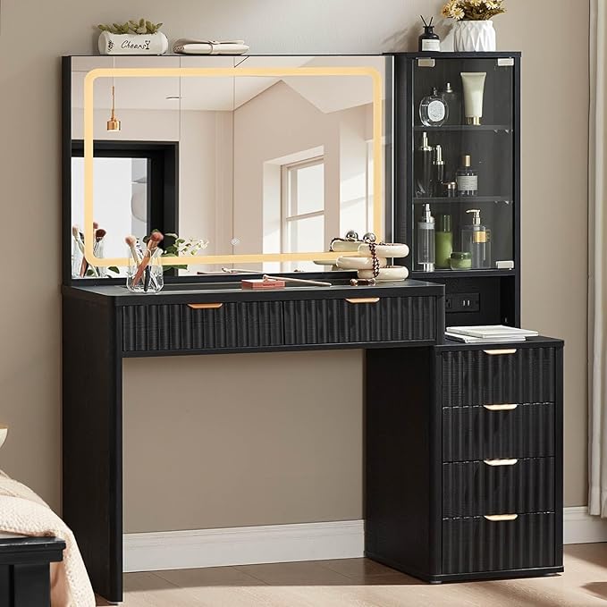 LEYAOYAO Vanity Desk with Mirror and Lights, 43.5'' Fluted Makeup Vanity with 6 Drawers and Adjustable Shelves, Black Wood Make Up Vanity Dressing Table with Glass Top and Power Outlet for Bedroom