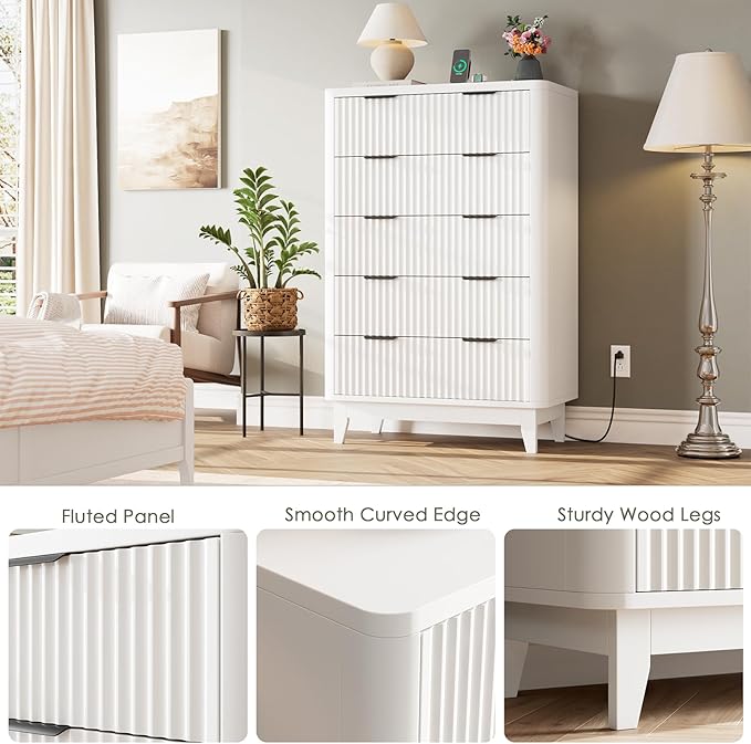 HAIOOU Fluted 5 Drawer Dresser with Power Outlet, Curved Profile Design, 47.4" Tall Chest of Drawers Vertical Wooden Clothing Organizer with Ample Storage for Bedroom, Closet, Hallway - Modern White