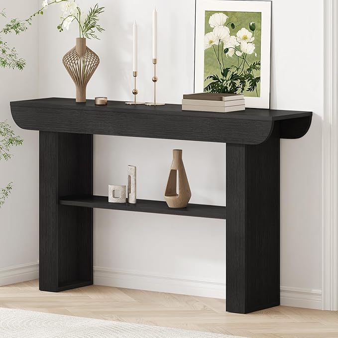 55-Inch Black Entryway Table, Modern Console Tables 3-Tier Couch Table Behind Sofa Narrow Wood Sofa Table Foyer Tables for Entryway, Living Room, Hallway