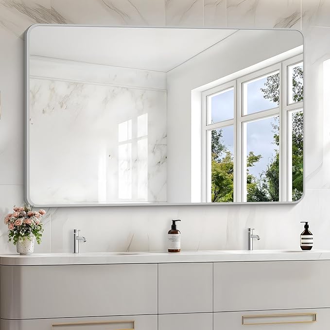 55x36 Inch Silver Bathroom Mirror, Large Rectangular Vanity Mirror, Metal Framed Rectangle Mirror, Rounded Corner Wall Mounted Mirrors for Living Room Bedroom Entryway Horizontal or Vertical