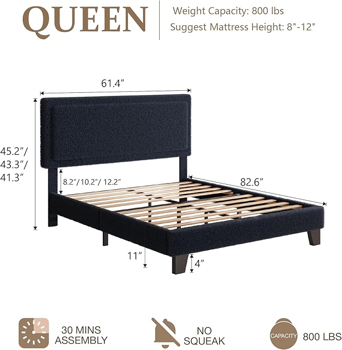 Queen Size Boucle Bed Frame, Upholstered Platform Cloud Bed Frame with Headboard, Soft Teddy Fabric, Modern Style, No Box Spring Required, Easy Assembly, Blue-Black
