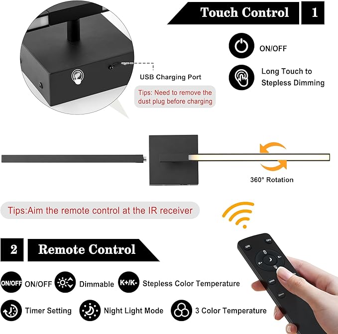 Wireless Battery Operated Wall Sconces Set of Two, Dimmable Modern Wall Sconce with Remote Control, 360°Rotation & Timer & Memory, Black Led Rechargeable Wall Lights for Living Room, 28.3 Inch