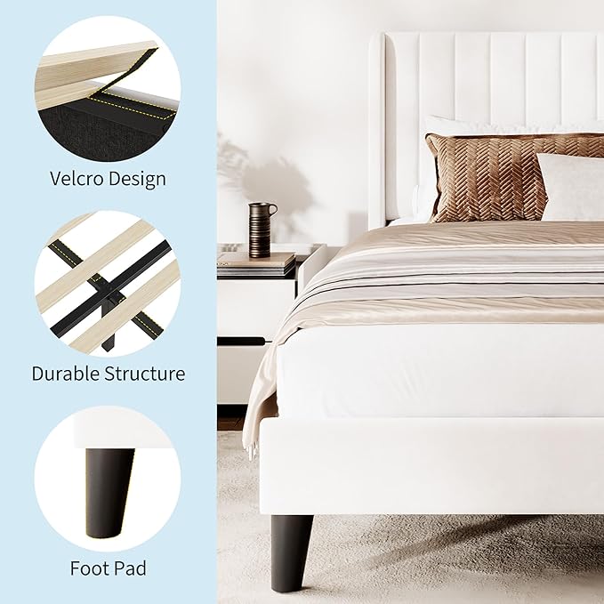 IDEALHOUSE Full Size Velvet Bed Frame/Vertical Channel Tufted Wingback Headboard/Upholstered Platform Bed/Wood Slats/No Box Spring Needed/Easy Assembly/White