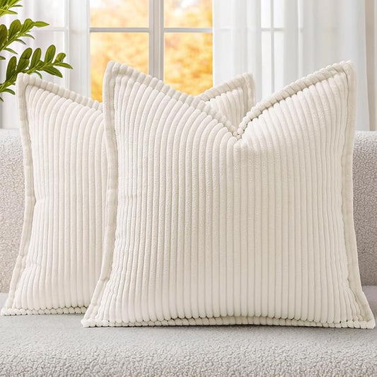 Mecatny Corduroy Throw Pillow Covers 20x20 Set of 2, Neutral Decorative Soft Boho Couch Pillow Covers with Broadside for Sofa Living Room, Cream White