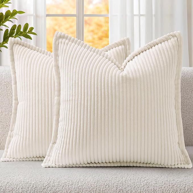 Mecatny Corduroy Throw Pillow Covers 18x18 Set of 2, Neutral Decorative Soft Boho Couch Pillow Covers with Broadside for Sofa Living Room, Cream White