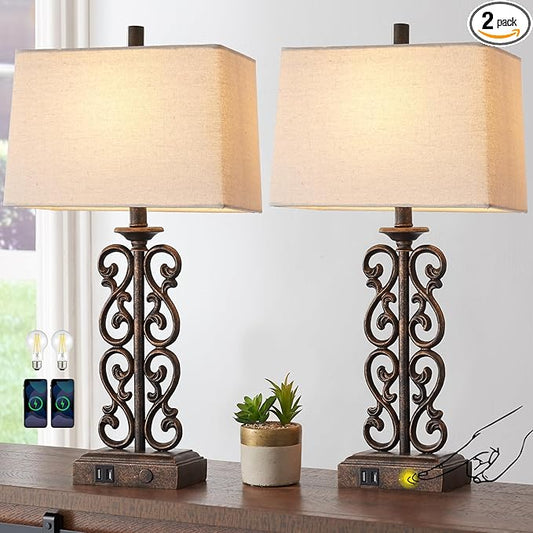 Set of 2 Farmhouse Touch Table Lamps for Living Room, 3 Way Dimmable with Dual USB Ports Vintage Rustic Bedside Desk Lamp, for Bedroom End Table, 2 LED Bulbs Included (Bronze)
