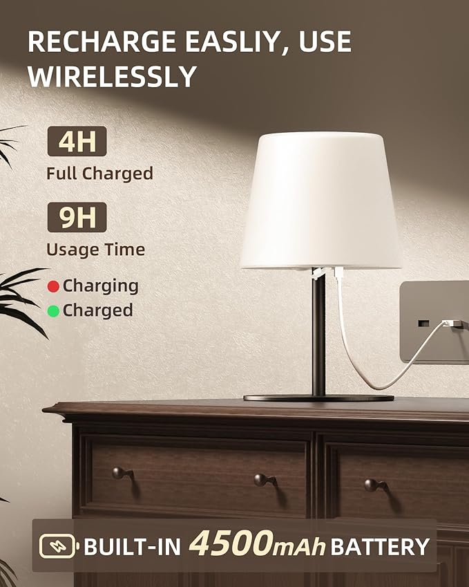 EZVALO Outdoor Cordless Table Lamp, IP65 Waterproof 4500mAh Rechargeble Shower Lamp, Dimmable Touch Lamp, LED Night Light Lamp for Bathroom Patio Camping Restaurant Home 2 Pack(Black)