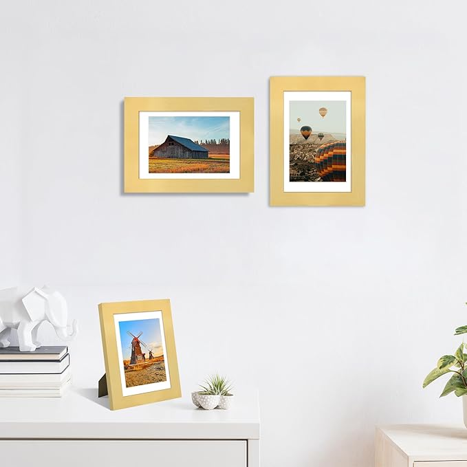 4x6 Picture Frame Set of 4, High Definition Real Glass, Display Pictures 3.5x5 with Mat or 4x6 Without Mat, Gallery Wall Hanging or Tabletop Photo Frames, Gold
